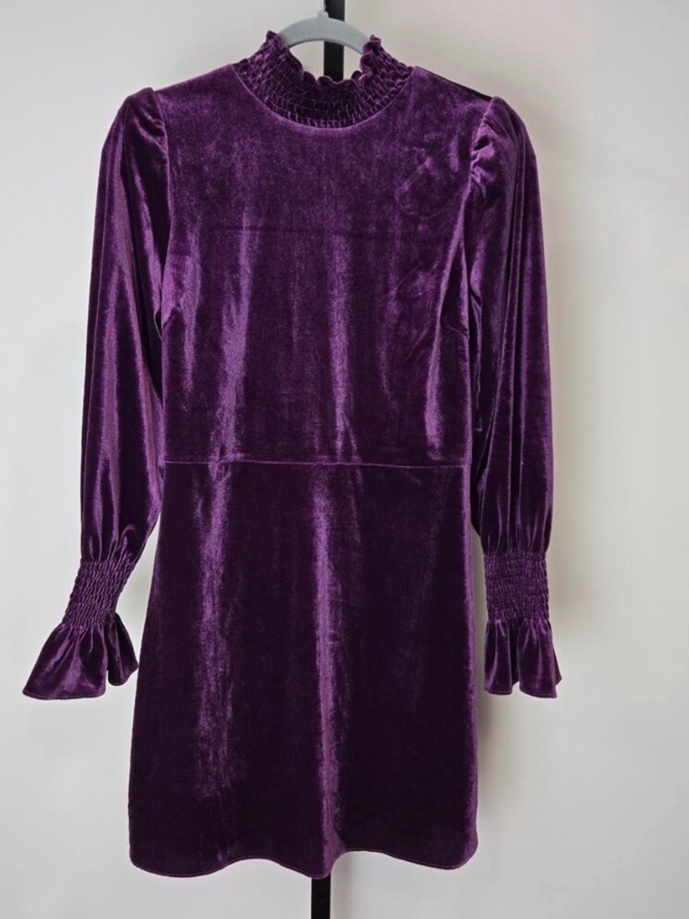 Purple Velvet Long-Sleeve Smocked Neck Dress